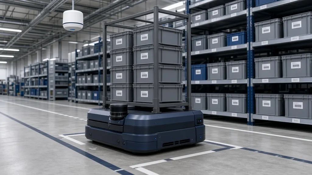 Autonomous mobile robot carrying a rack of barcoded bins in a distribution centre