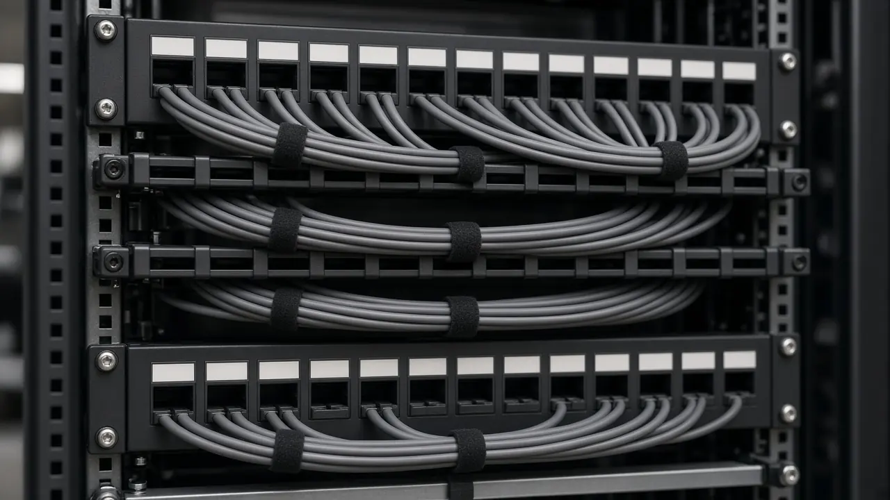 Dressed cable bundles in a rack with blank labels