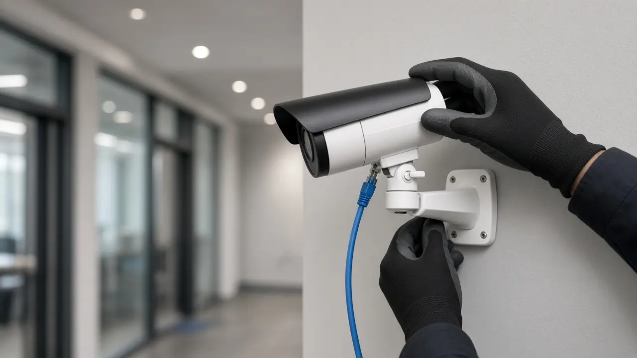 A security camera being mounted with a network cable