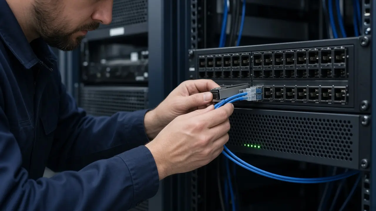 Engineer connecting fiber to an optical module in a rack