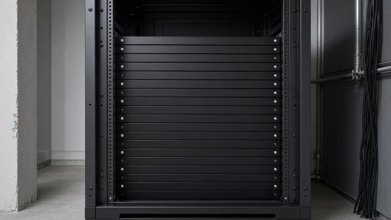 An open equipment rack prepared for device installation