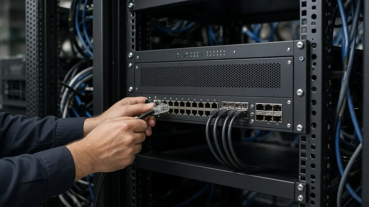 Engineer connecting a cable to network equipment in a rack