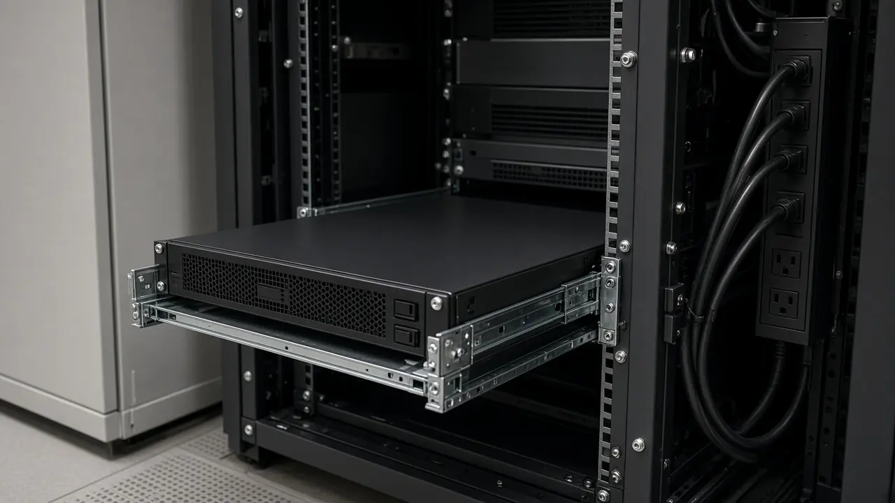 A rack-mount server being installed on rails