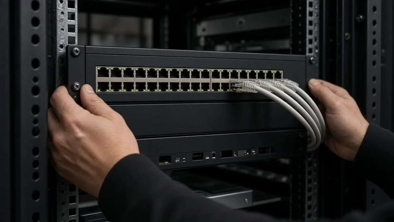 Hands seating a network switch in an equipment rack