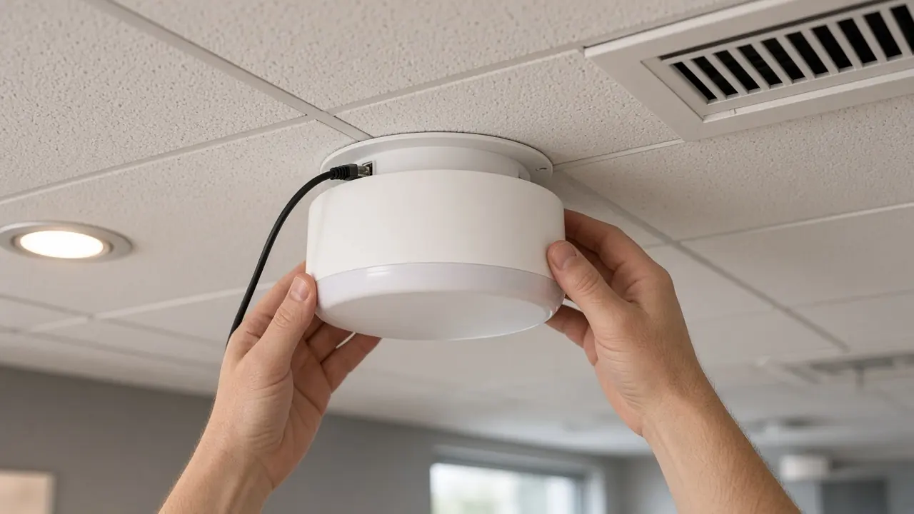 A wireless access point being mounted on a ceiling