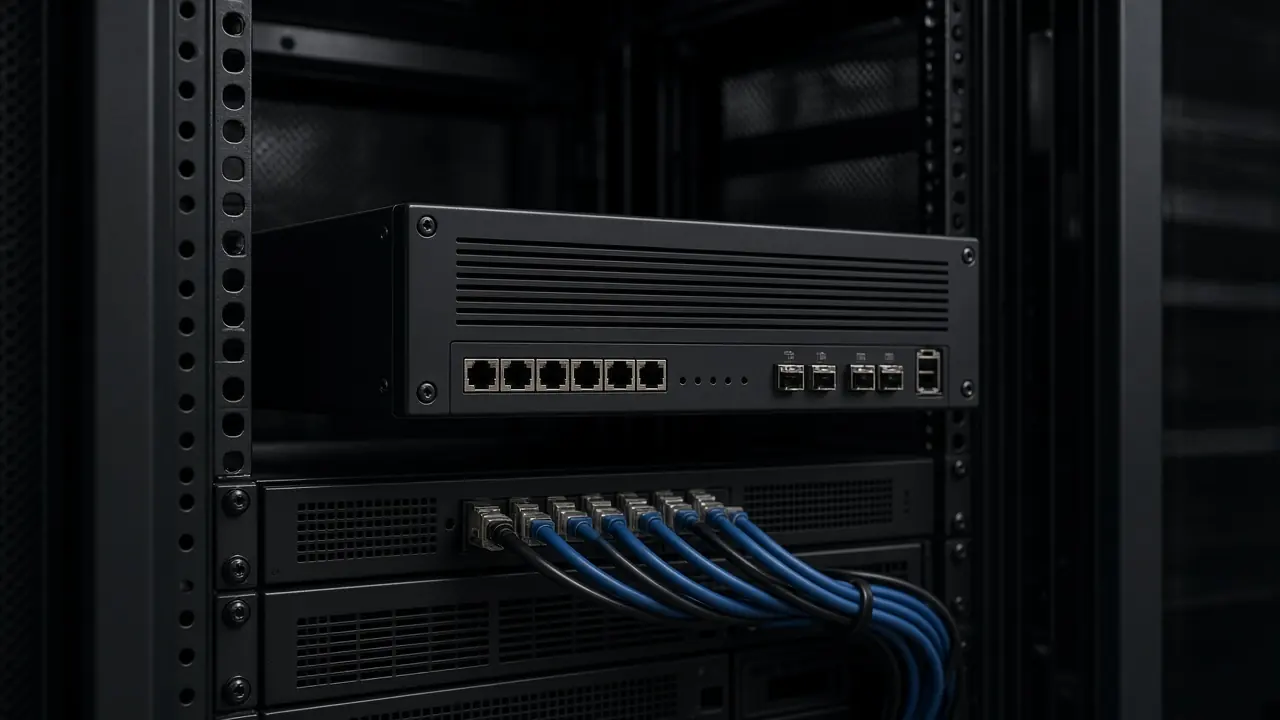 A firewall appliance installed in a rack with interface cables