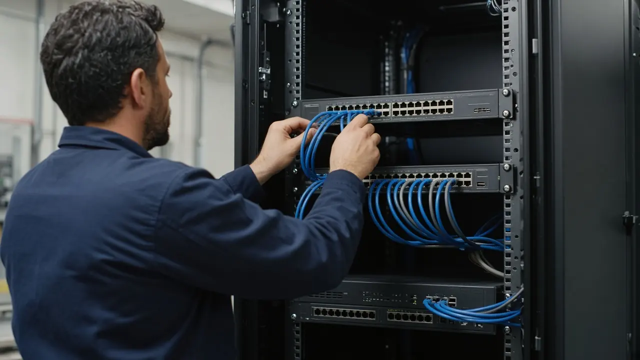 An engineer installing enterprise network equipment in a rack
