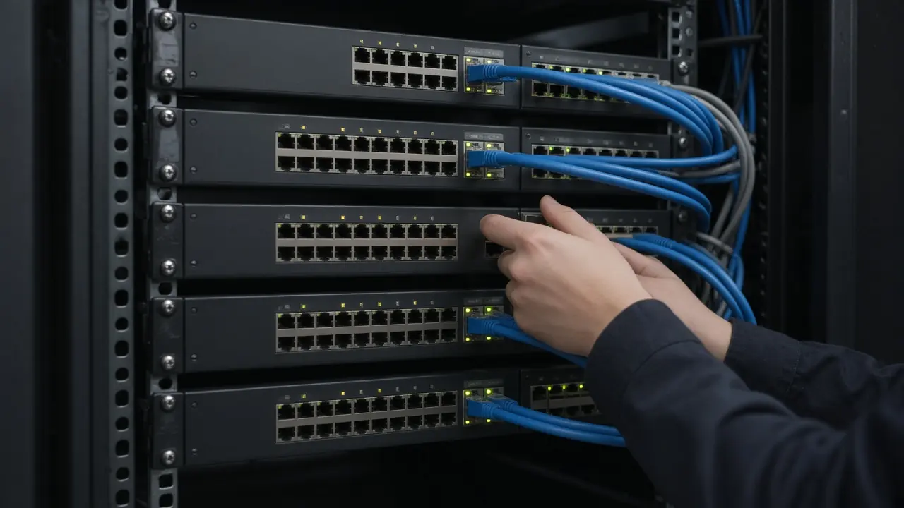 Enterprise switches installed in a rack with uplinks patched