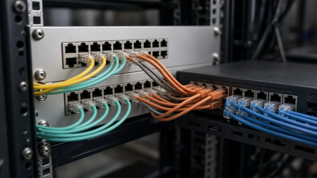 Fiber and copper patch cords landing on a panel and a switch