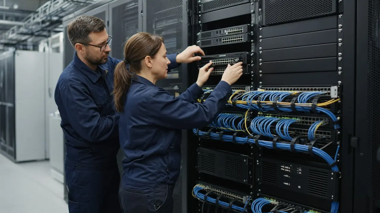 Engineers mounting devices in a tall equipment rack