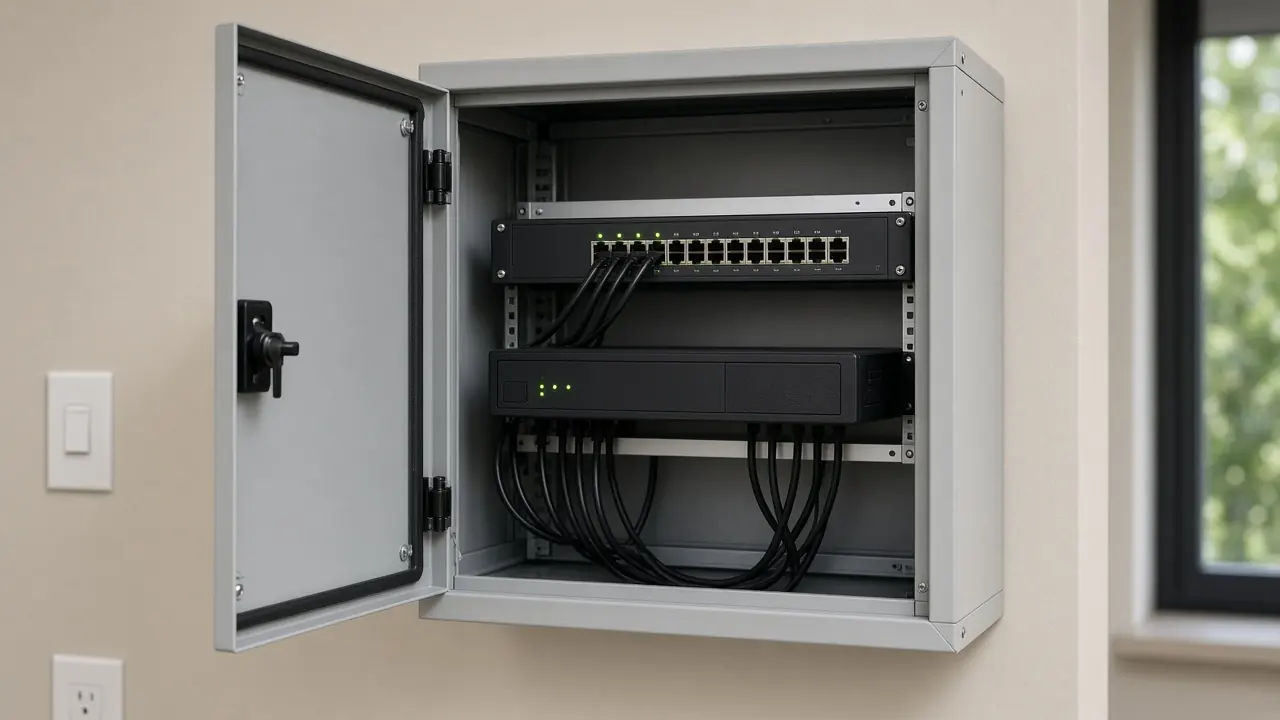 A compact branch cabinet with a switch and firewall being installed