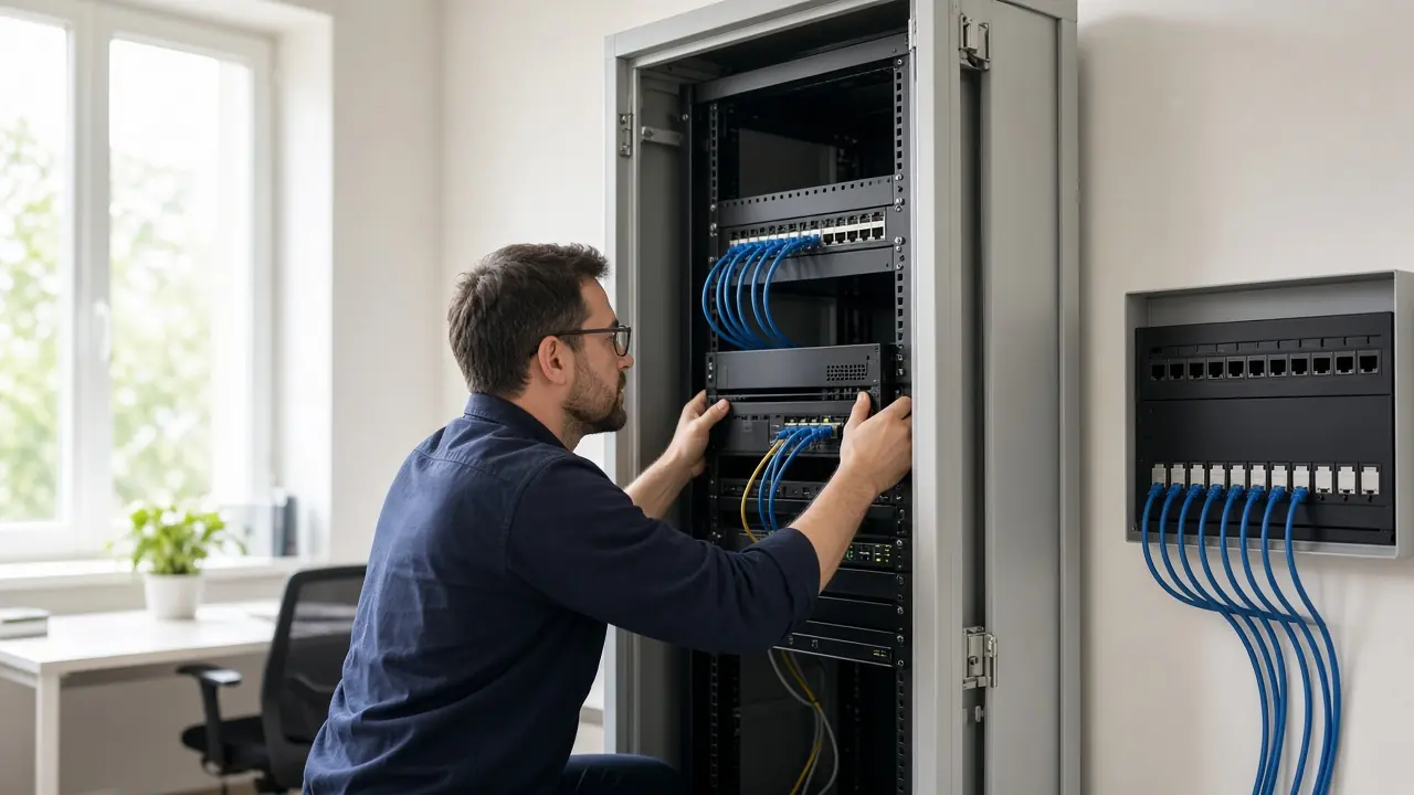 A small office network rack being installed beside a patch panel