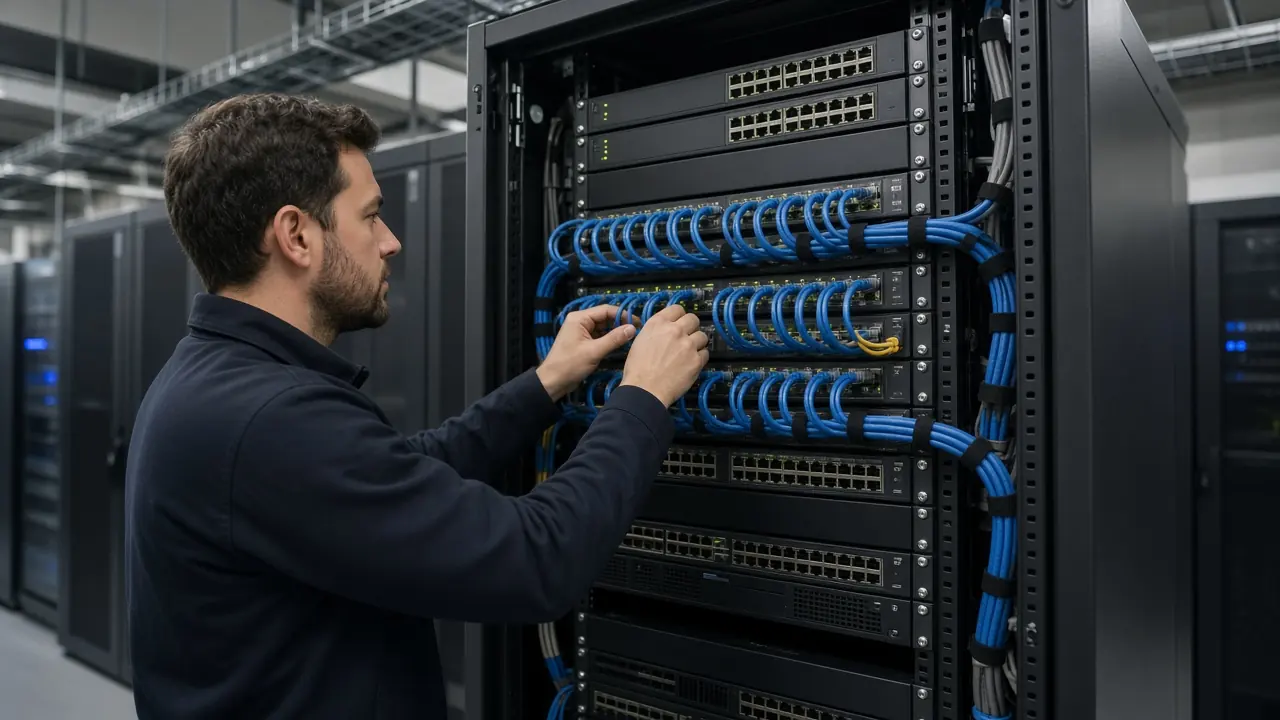 A dressed network rack during deployment