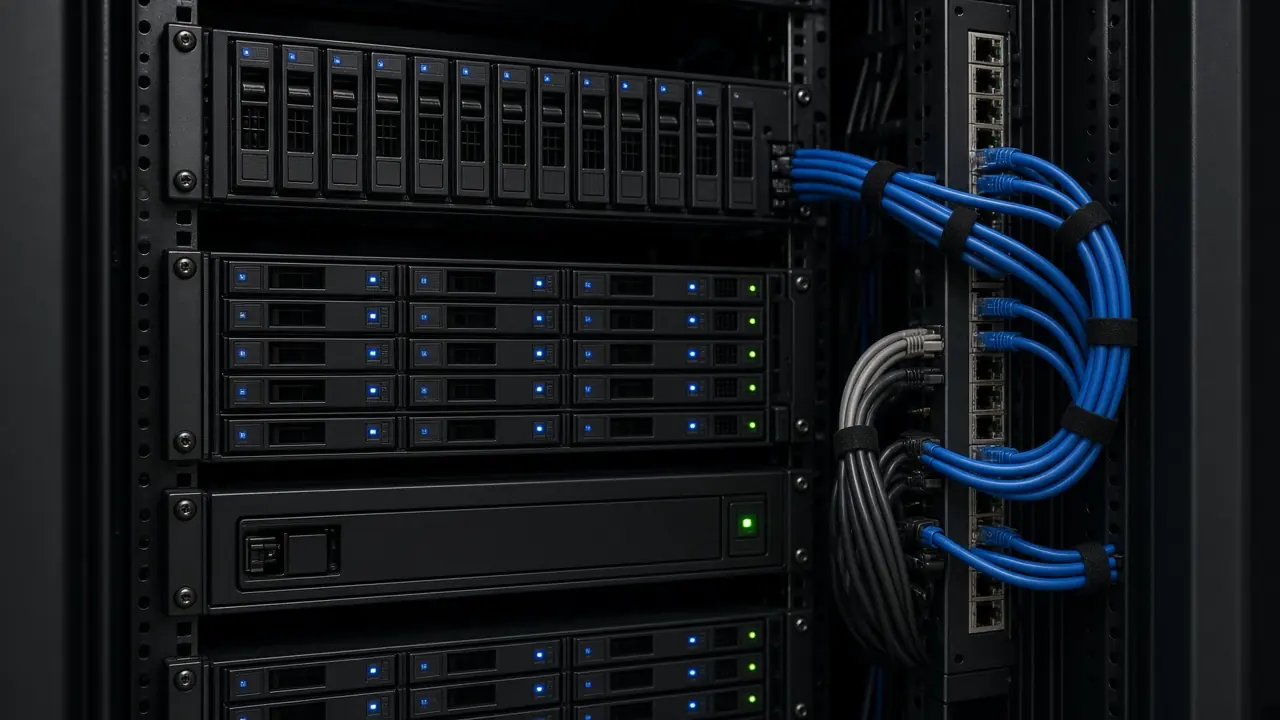 A server and storage hardware being installed in a rack