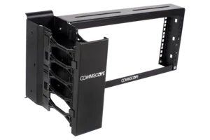 CommScope 760158592 | 3 in (76 mm) Channel x 9.4in (239 mm) H - 19 in (482.6 mm) Overhead Patch Panel Rack (4U) 3/8 Sq Punch, with Mini Vertical Cable Management, Black