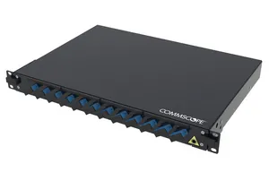 CommScope 760258659 | FMS Fiber Optic Panel, 1U, 19 in, black, Includes 12 x SC SM Duplex Adaptors (24F), 24 x SM SC Pigtails. 24 x Splice protectors. Splice tray and cable glands