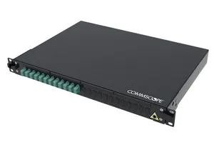 CommScope 760258666 | FMS Fiber Optic Panel, 1U, 19 in, black, Includes 12 x LC OM4 Duplex Adaptors (24F), 24 x MM LC Pigtails. 24 x Splice protectors. Splice tray and cable glands