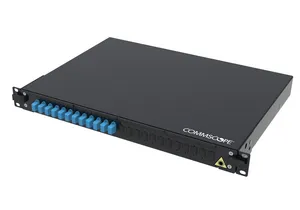 CommScope 760258663 | FMS Fiber Optic Panel, 1U, 19 in, black, Includes 12 x LC SM Duplex Adaptors (24F), 24 x SM LC Pigtails. 24 x Splice protectors. Splice tray and cable glands