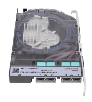 CommScope 760255070 | Propel Multimode Splice Cassette, 4 MPO12 pinned with internal shutters, OM4 ribbon fiber pigtail, Method B Enhanced ULL