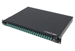 CommScope 760258667 | FMS Fiber Optic Panel, 1U, 19 in, black, Includes 24 x LC OM4 Duplex Adaptors (48F), 48 x MM LC Pigtails. 48 x Splice protectors. Splice tray (2) and cable glands