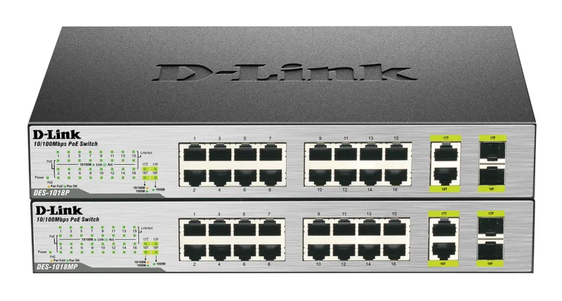 D-Link 16-ports 10/100Mbps PoE + 2 10/100/1000Bae-T/SFP C.. DES-1018MP product image