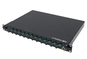 CommScope 760258661 | FMS Fiber Optic Panel, 1U, 19 in, black, Includes 12 x SC OM4 Duplex Adaptors (24F), 24 x MM SC Pigtails. 24 x Splice protectors. Splice tray and cable glands