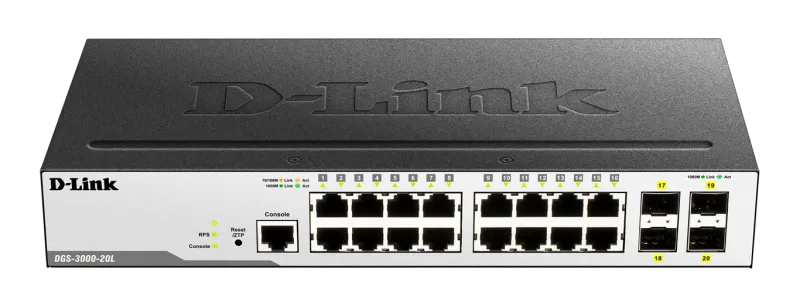 D-Link 16 10/100/1000 BaseT ports + 4 SFP ports Managed L.. DGS-3000-20L product image