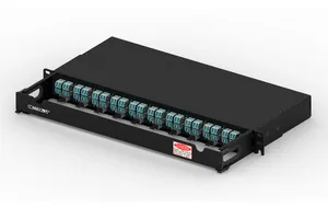 CommScope 760242266 | 1RU patch panel which interfaces with MPO-8 ports including QSFP to easily break them out into LC connections. The MPO and shuttered LC ports are both front