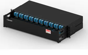 CommScope 760241533 | 2RU patch panel which interfaces with MPO-8 ports including QSFP to easily break them out into LC connections. The MPO and shuttered LC ports are both front