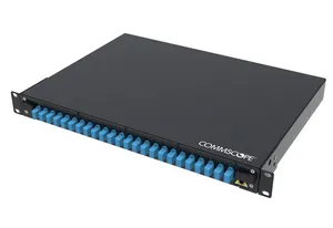 CommScope 760258664 | FMS Fiber Optic Panel, 1U, 19 in, black, Includes 24 x LC SM Duplex Adaptors (48F), 48 x SM LC Pigtails. 48 x Splice protectors. Splice tray (2) and cable glands