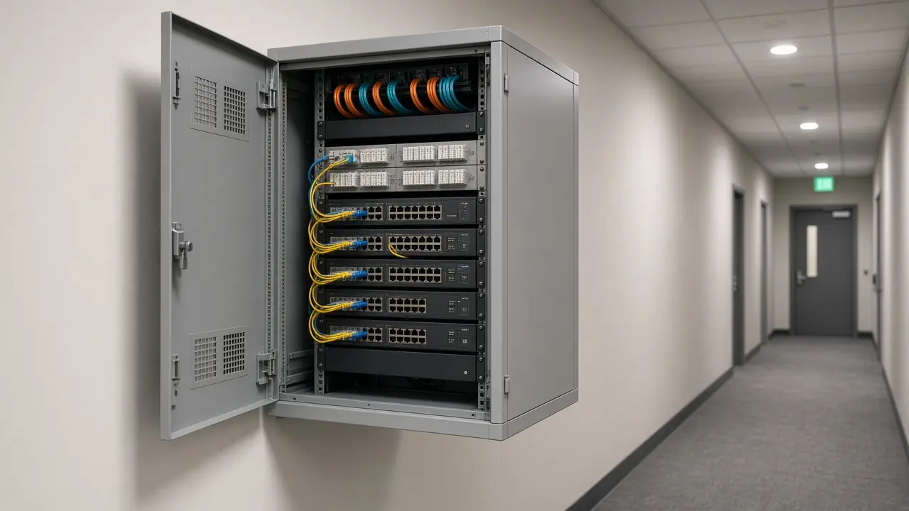 Campus network cabinet with access switches and fiber uplinks in a commercial building