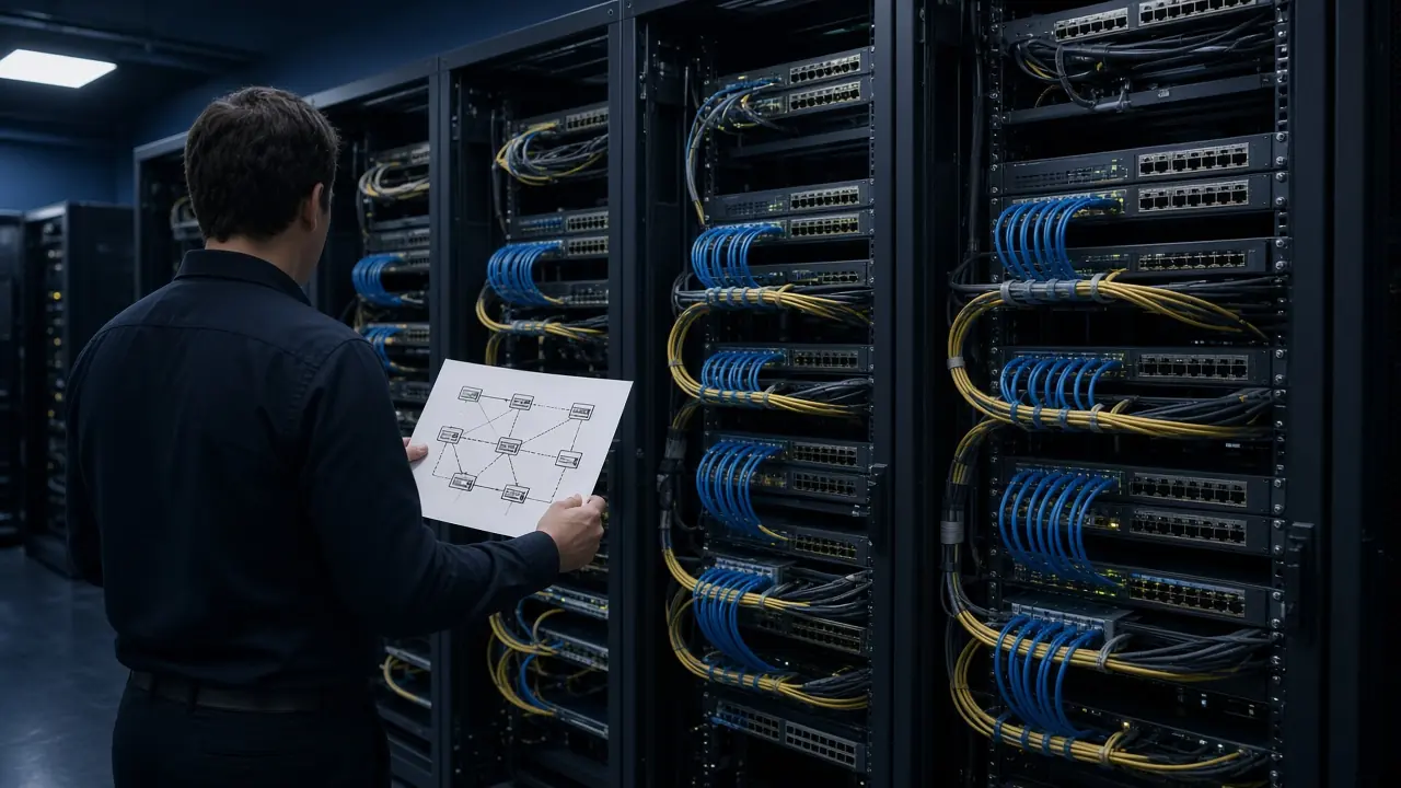 Enterprise network racks and switching infrastructure with an engineer reviewing a topology sheet