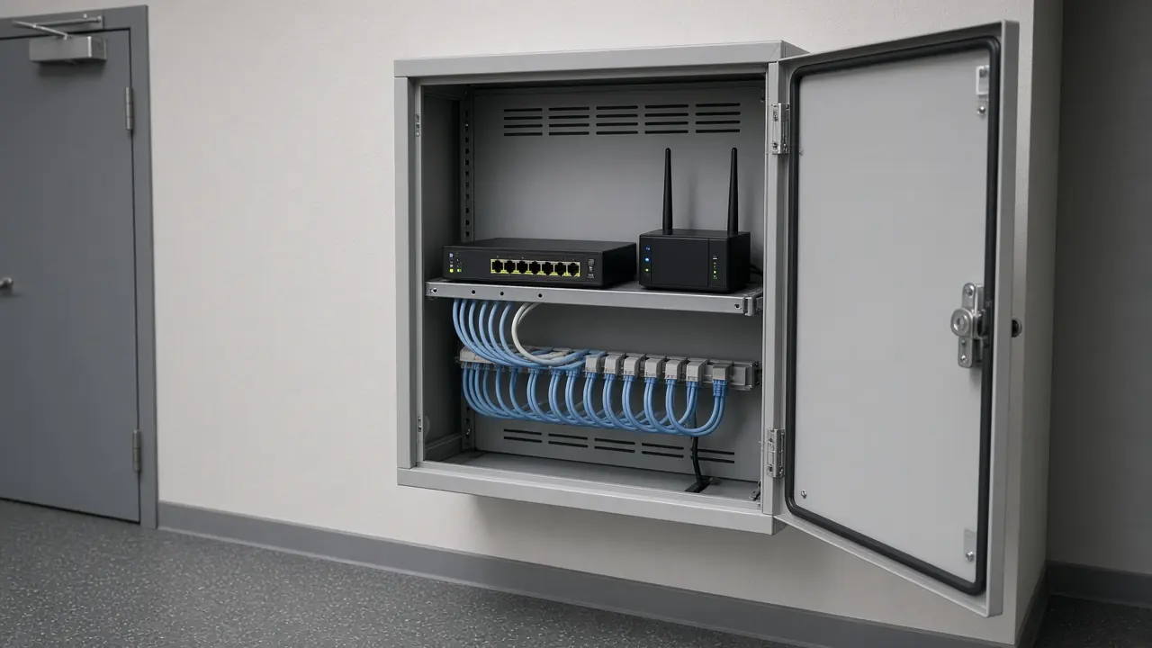 Branch office communications cabinet with a switch and a router