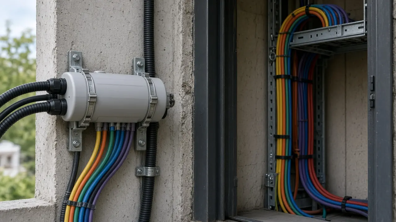 Fiber backbone cables and a splice enclosure at a building riser