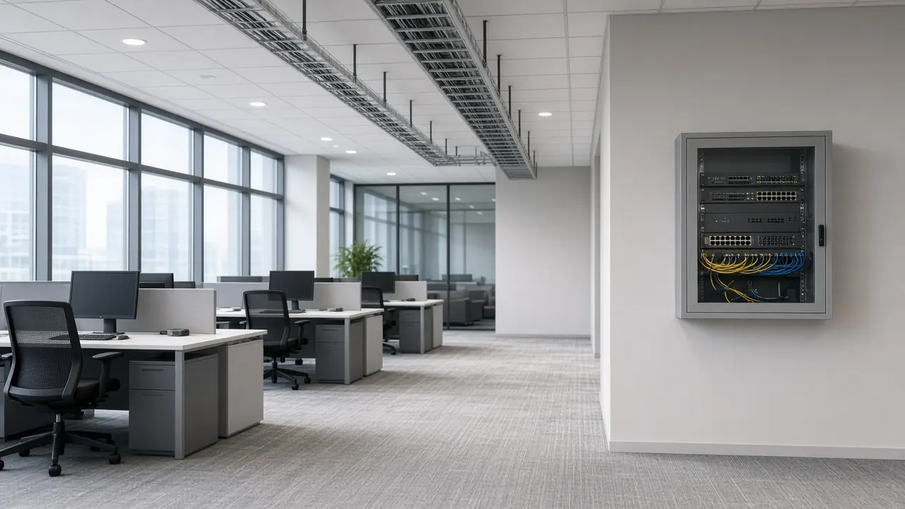 New office floor with a ceiling cable tray and a wall network cabinet
