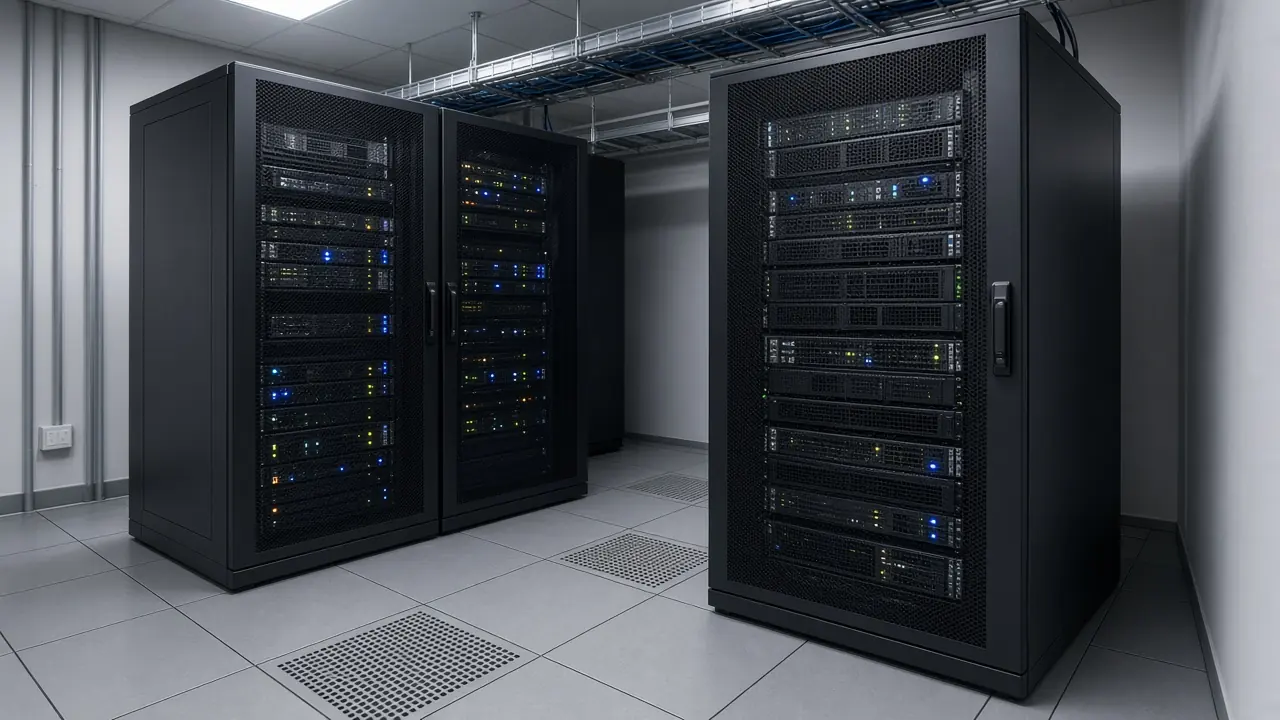 Compact server room with two racks and an overhead cable tray