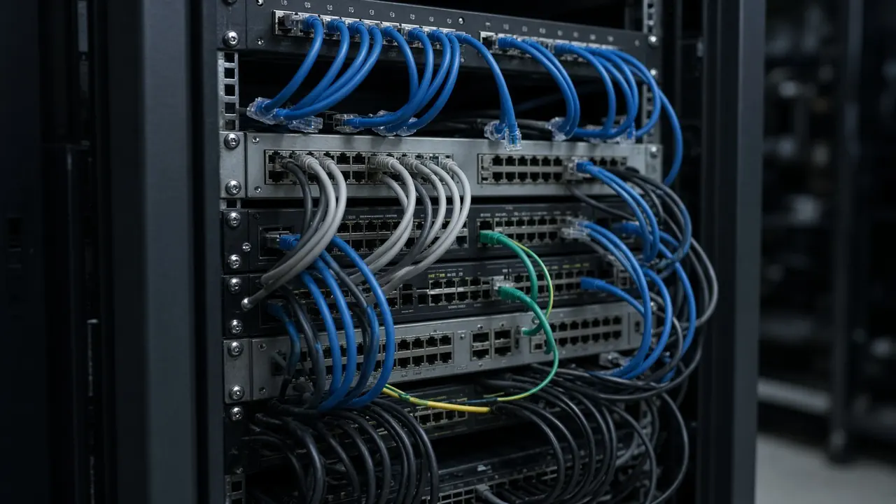 Existing network rack with mixed copper and fiber patch cords