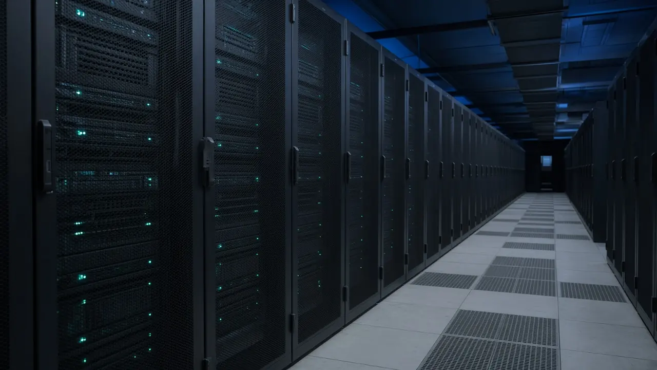 Equipment racks in a data hall aisle