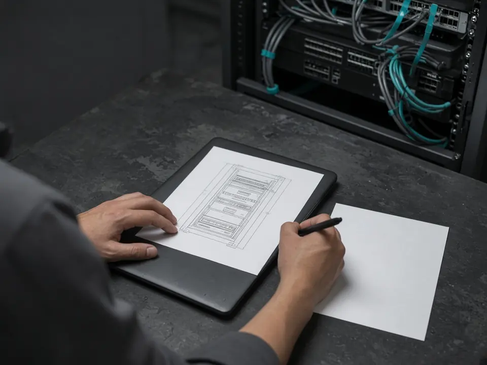 Person reviewing a rack drawing beside network equipment