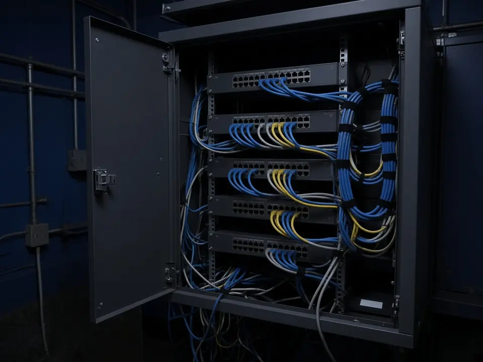 Wall-mounted network cabinet with patch panels