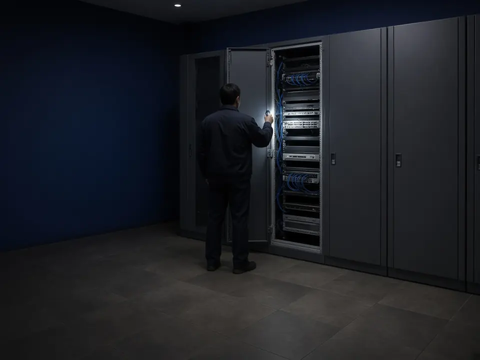 Person inspecting switching equipment in a cabinet