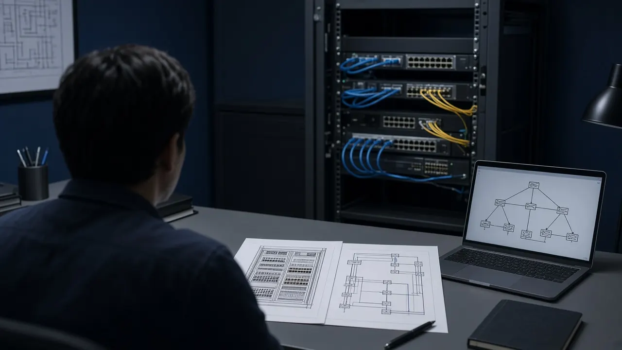 An engineer reviewing rack drawings and a network diagram beside an open equipment rack