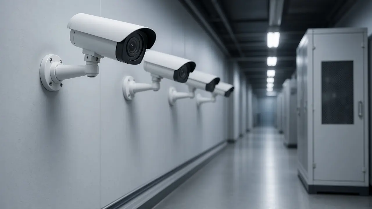 IP security cameras along a commercial corridor