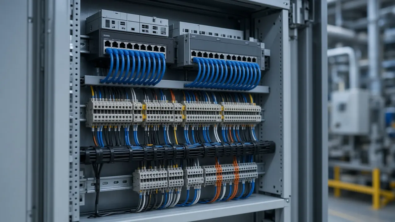 Industrial DIN-rail network cabinet in a factory electrical room