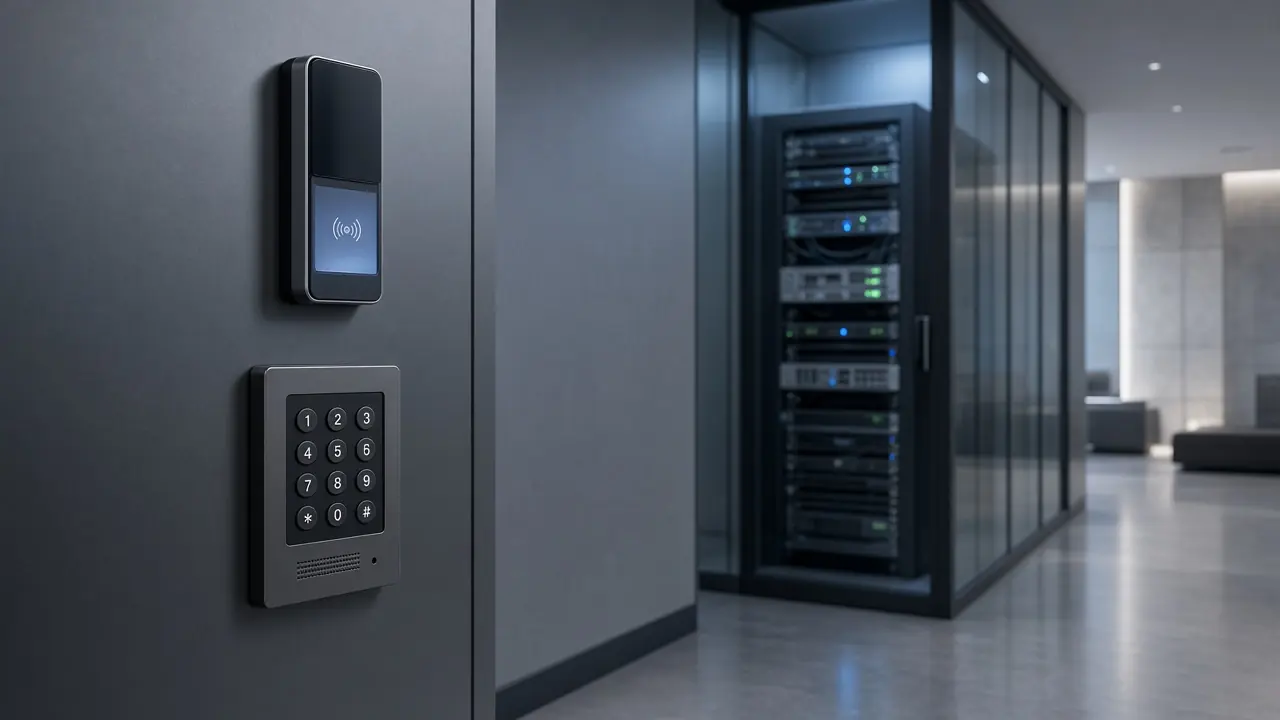 Building access-control panel and door reader in a commercial lobby
