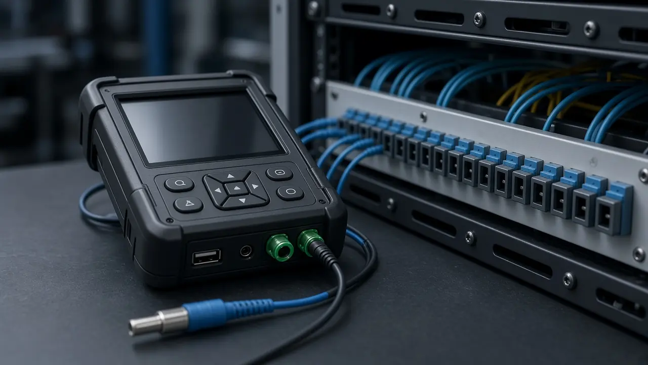 A fiber and network test instrument beside a patch panel