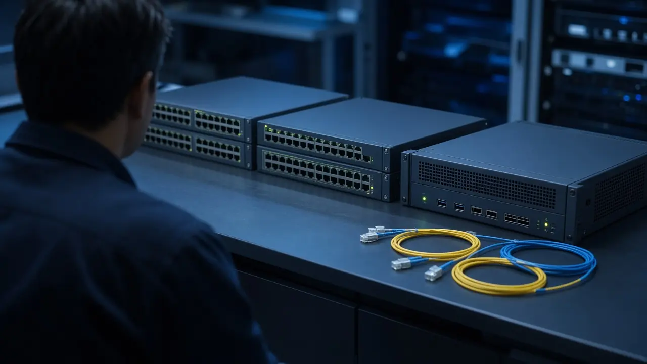 Enterprise switches, a server, and fiber cords staged for project sourcing