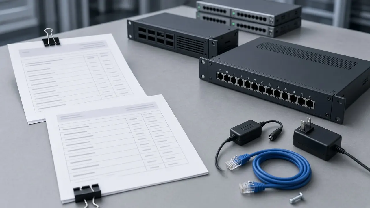Printed equipment lists beside staged network hardware