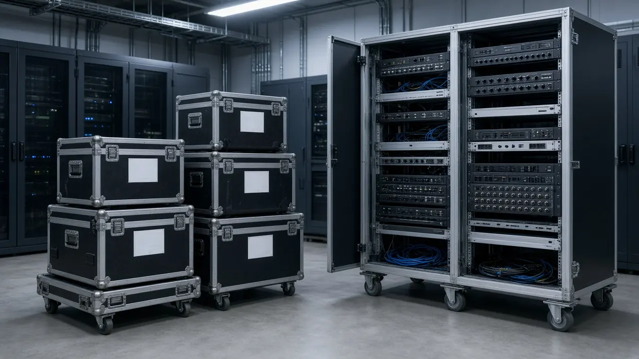 Staged equipment prepared in a technical room for project shipment