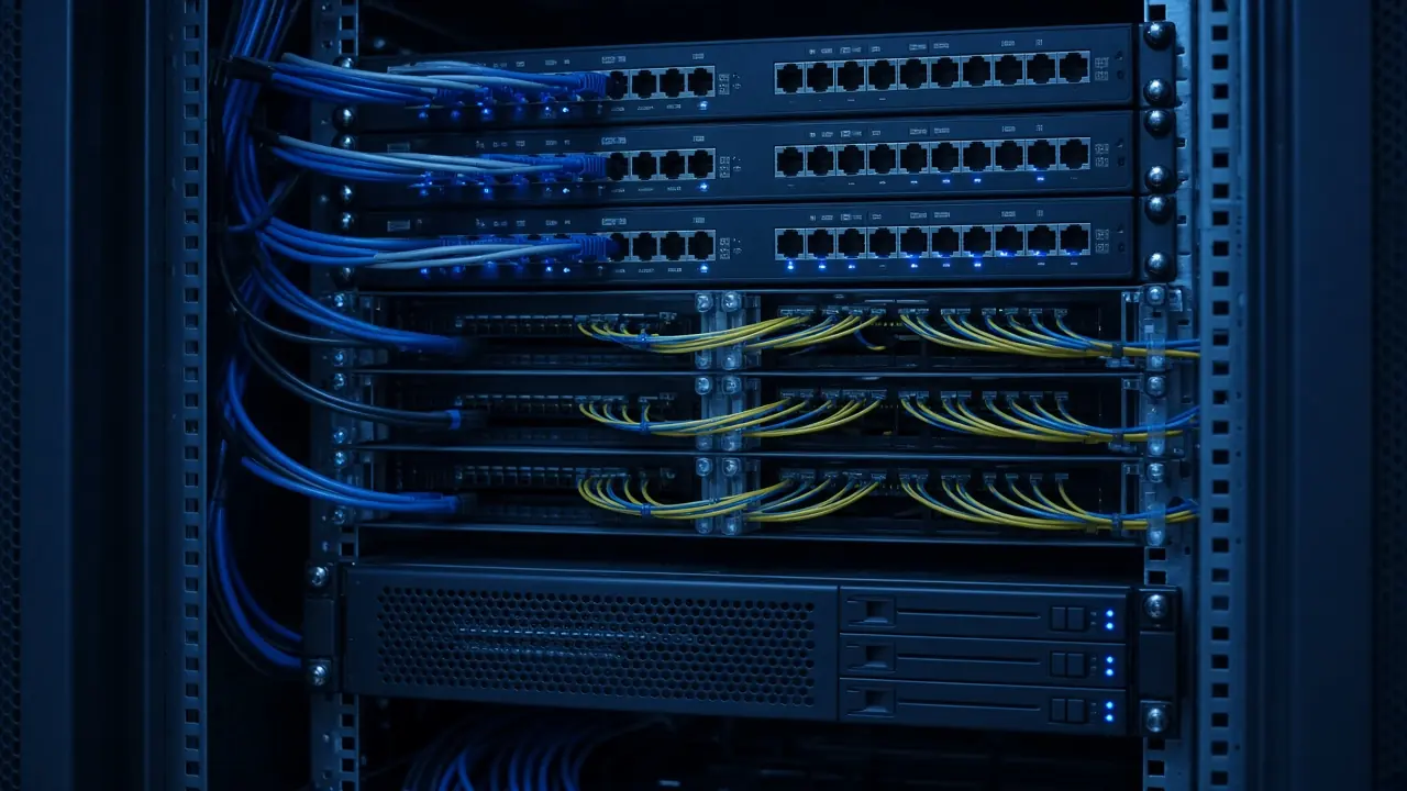 One rack holding switches, a server, and fiber trays